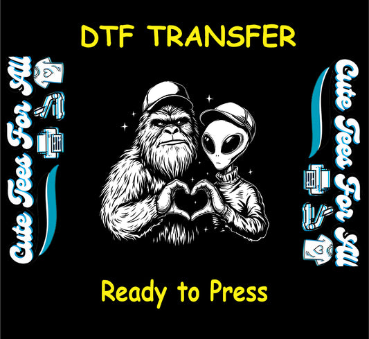 ready to press dtf with alien and sasquatch making a heart with hands, funny cryptid artwork

