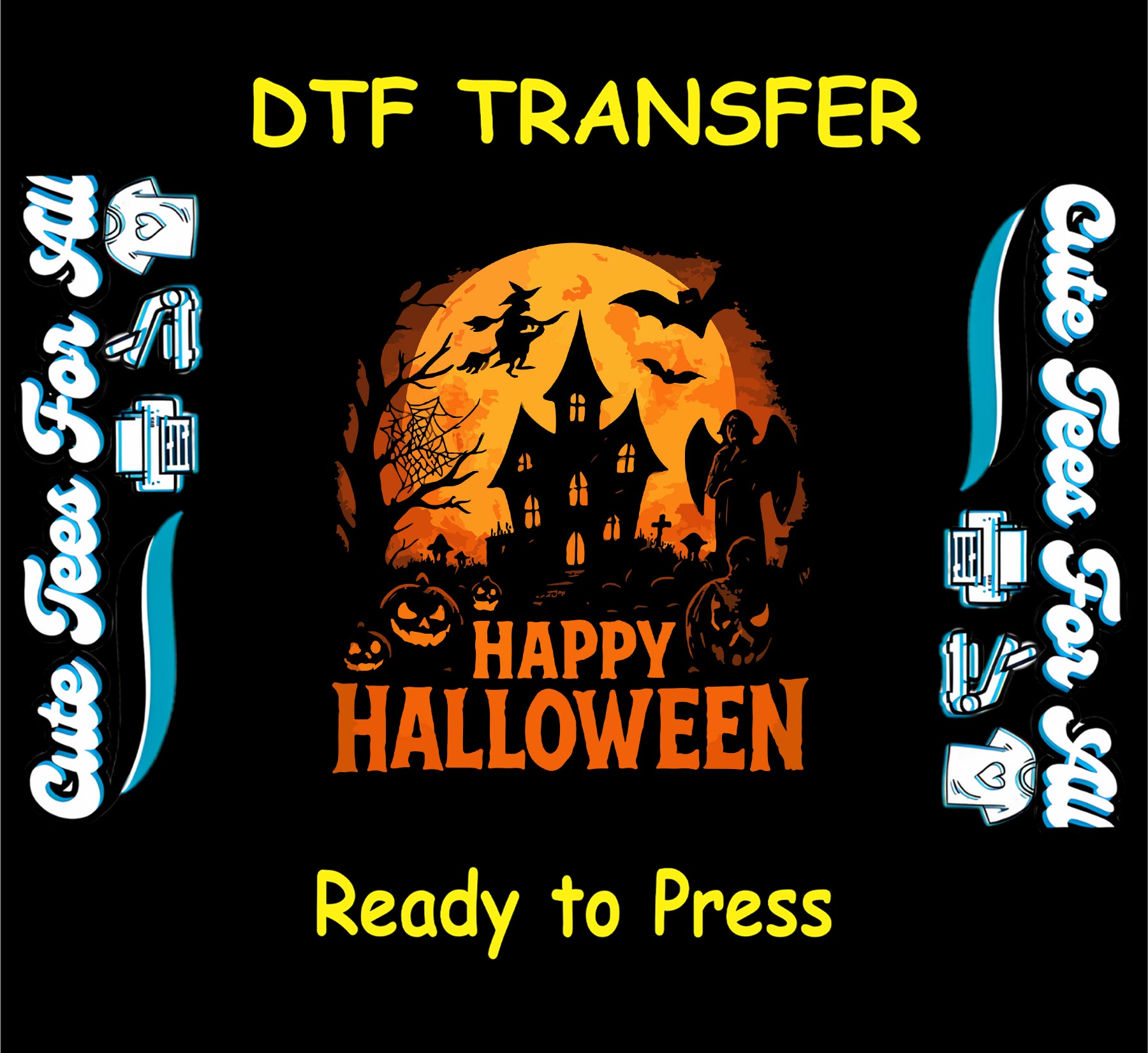 Halloween haunted house with witch, bats, pumpkins, and moon – ready to press dtf transfer for DIY shirts


