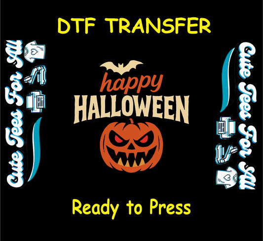 Scary jack-o’-lantern face with bat and Happy Halloween text – ready to press dtf transfer for DIY shirts

