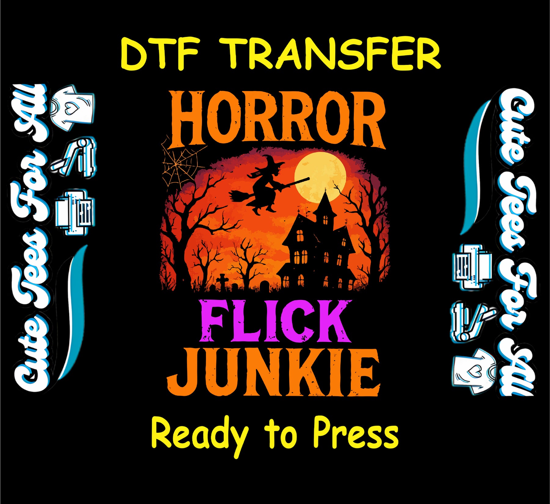 Horror movie haunted house scene with witch and moon – ready to press dtf transfer for DIY shirts

