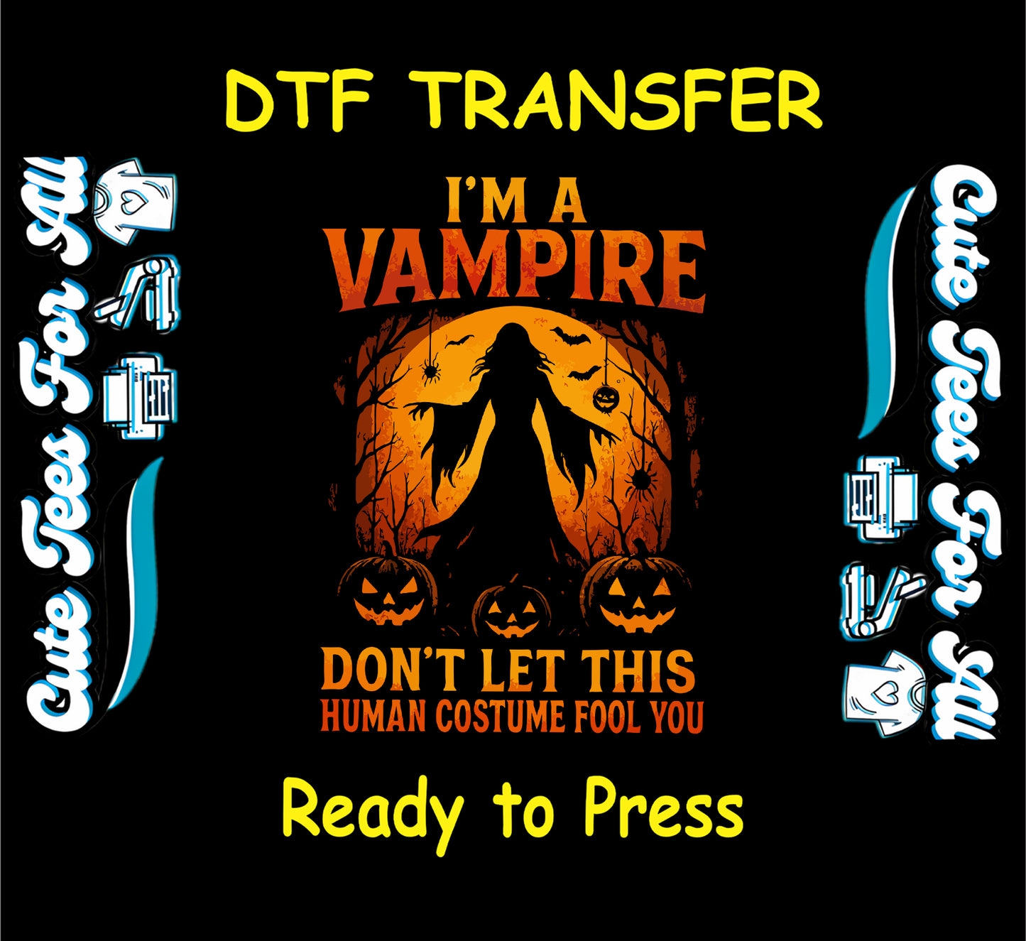 Vampire silhouette with pumpkins and moon – ready to press dtf transfer for DIY shirts

