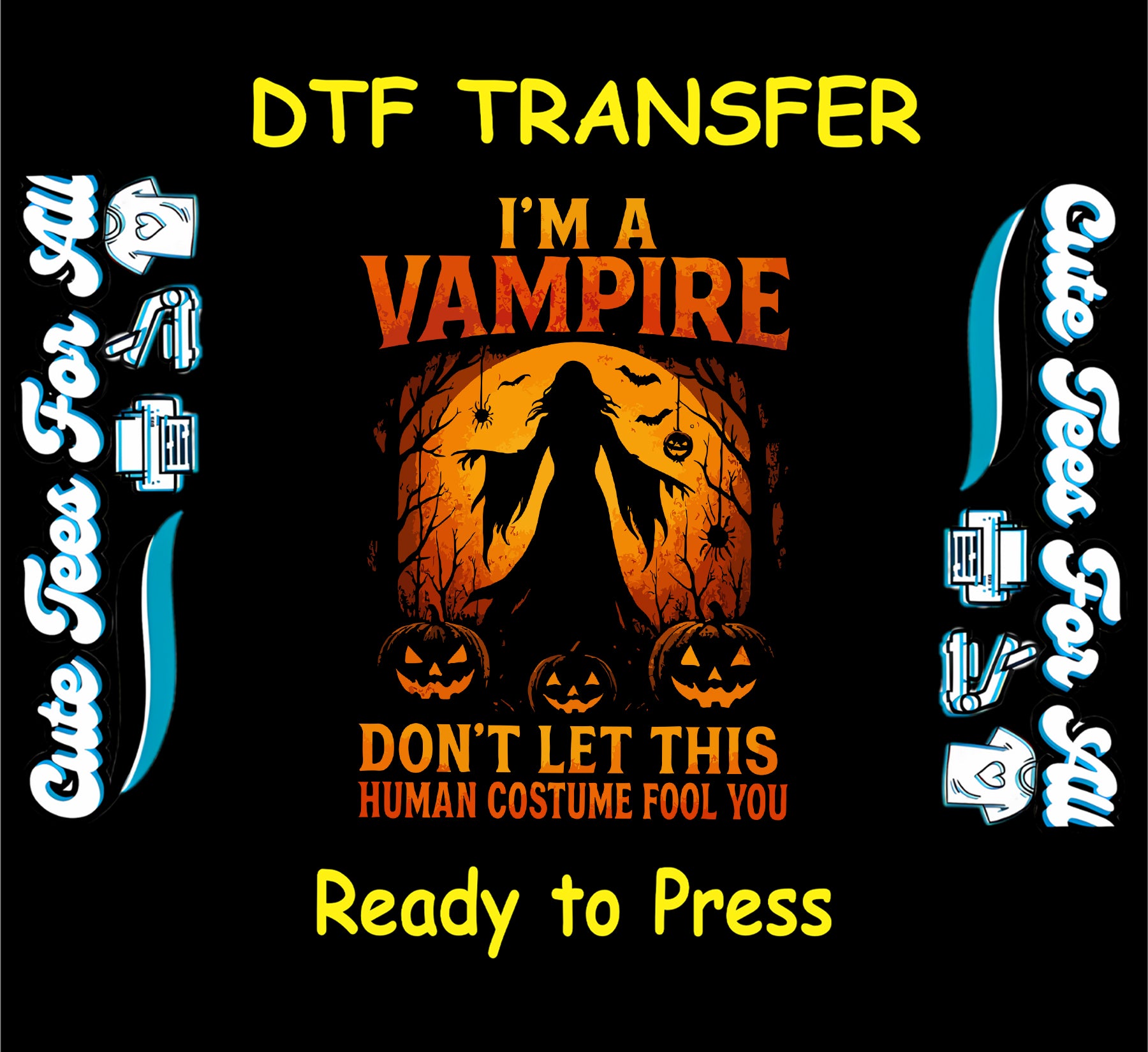 Vampire silhouette with pumpkins and moon – ready to press dtf transfer for DIY shirts

