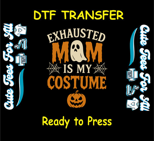 Halloween tired mom costume ghost with pumpkin and webs, ready to press dtf transfer for DIY shirts

