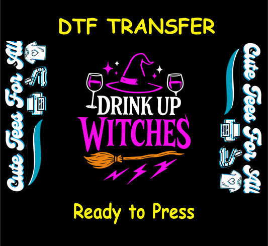 Halloween witch hat broom with wine glasses and lightning bolts, ready to press dtf transfer for DIY shirts

