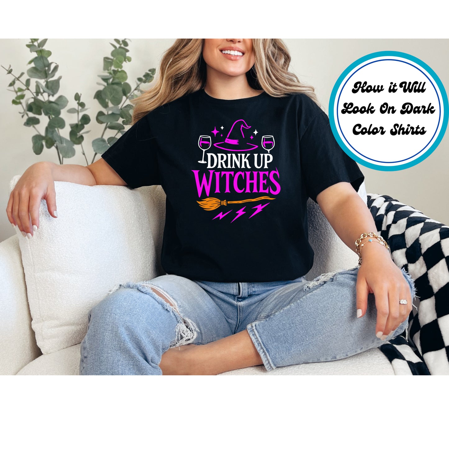 Halloween DTF Transfer – Witch Hat Broom and Wine Glass Ready to Press Iron on Heat Transfer DIY Shirts 11141