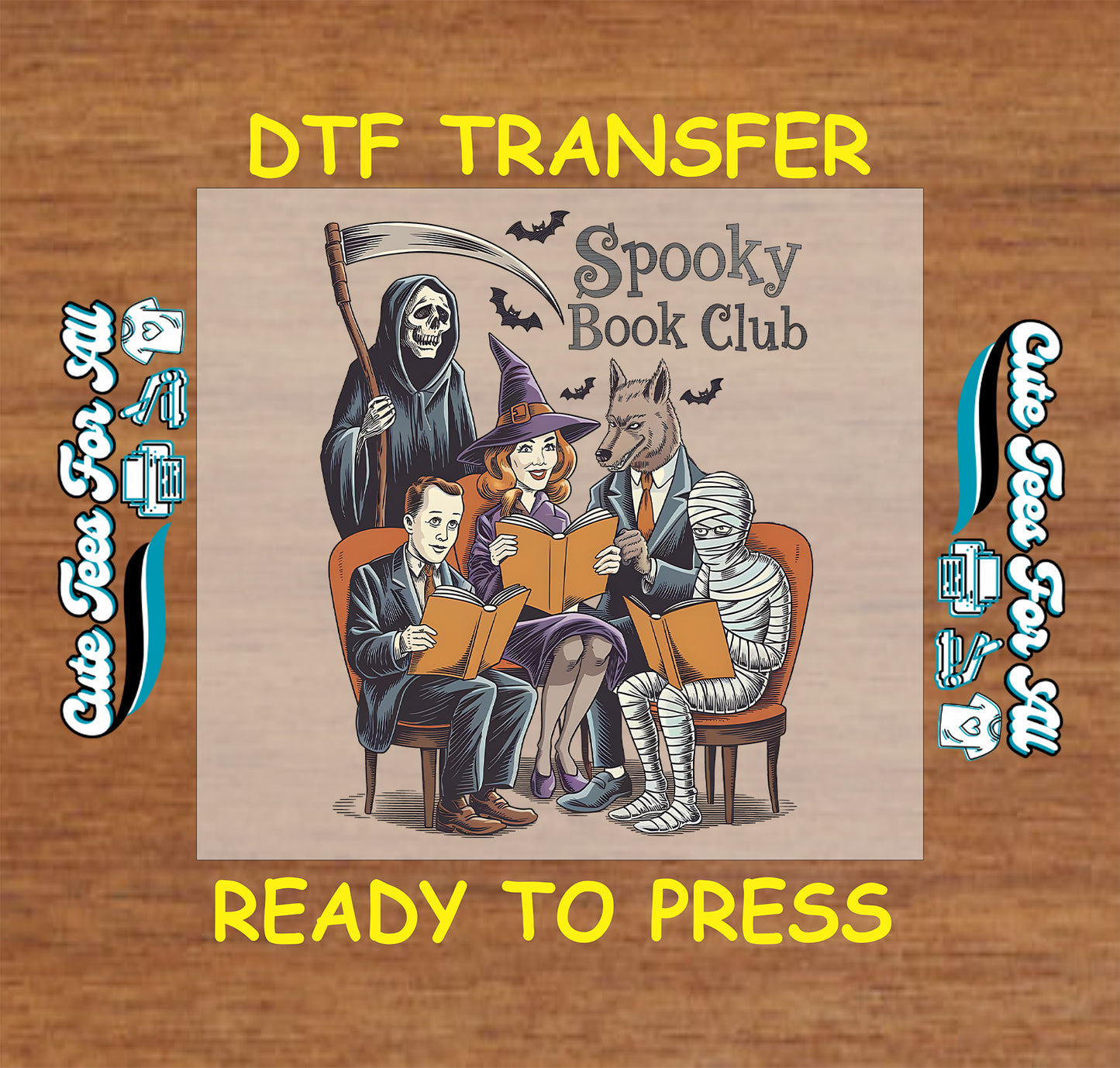 Halloween spooky book club with witch, grim reaper, werewolf, mummy, and Dracula, ready to press dtf transfer for DIY shirts

