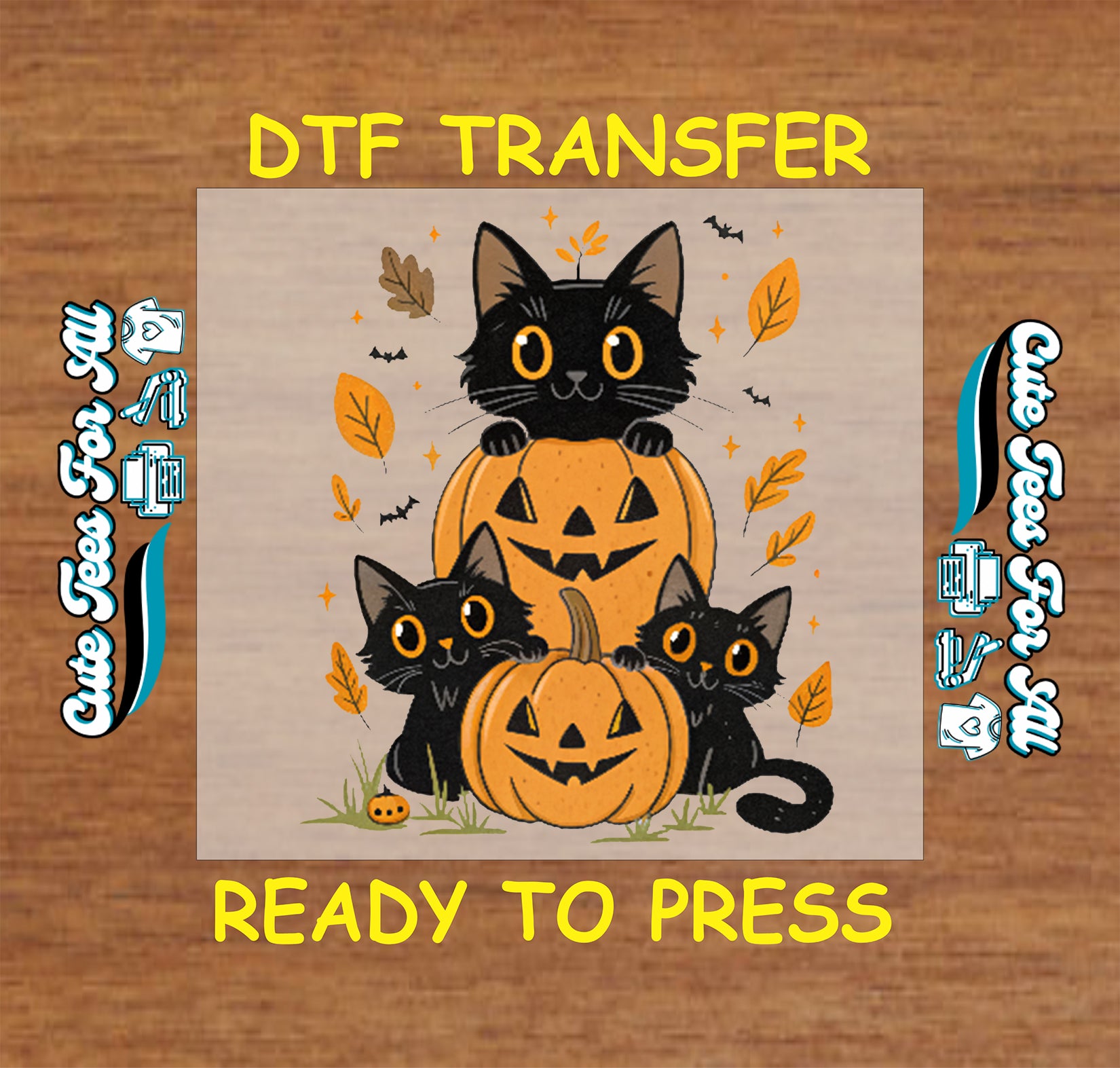 Halloween black cats inside pumpkins with autumn leaves and bats, ready to press dtf transfer for DIY shirts

