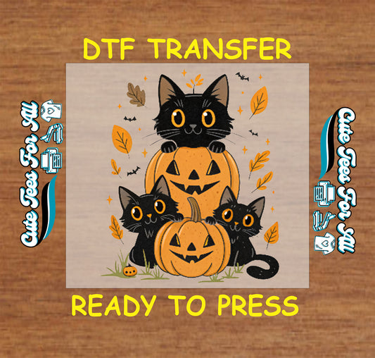 Halloween black cats inside pumpkins with autumn leaves and bats, ready to press dtf transfer for DIY shirts

