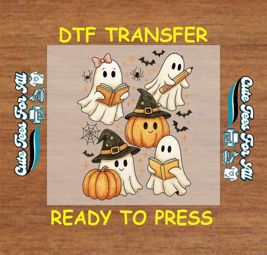 Cute Halloween ghosts with pumpkins, witch hats, and books surrounded by bats and webs, ready to press dtf transfer for DIY shirts

