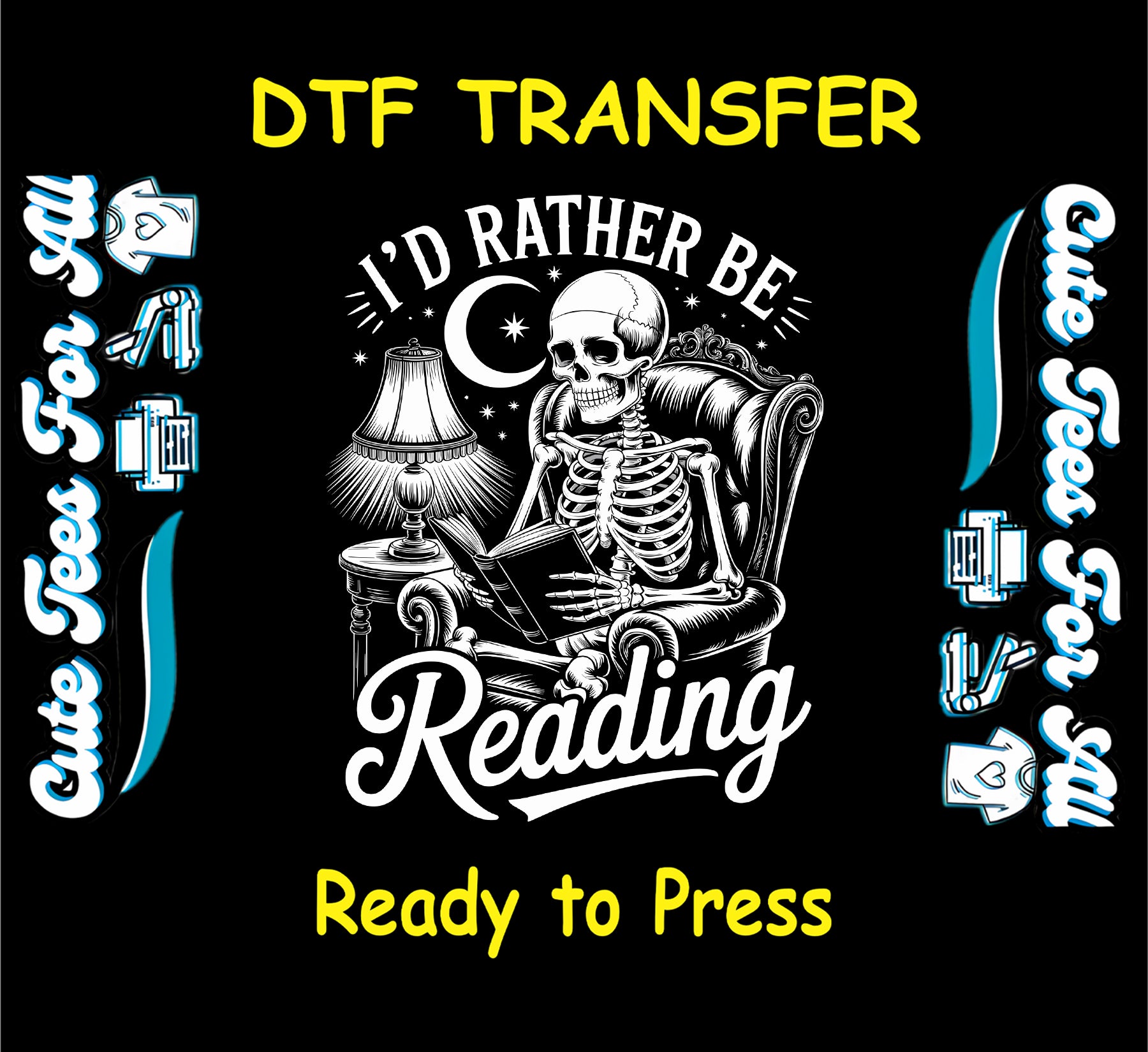 Halloween skeleton sitting in chair reading under moon with lamp, ready to press dtf transfer for DIY shirts

