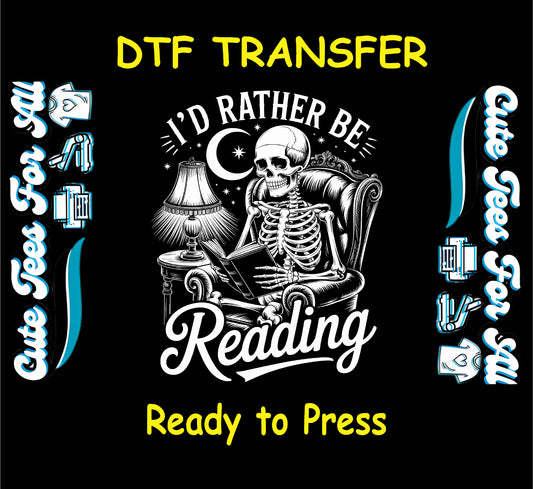 Halloween skeleton sitting in chair reading under moon with lamp, ready to press dtf transfer for DIY shirts

