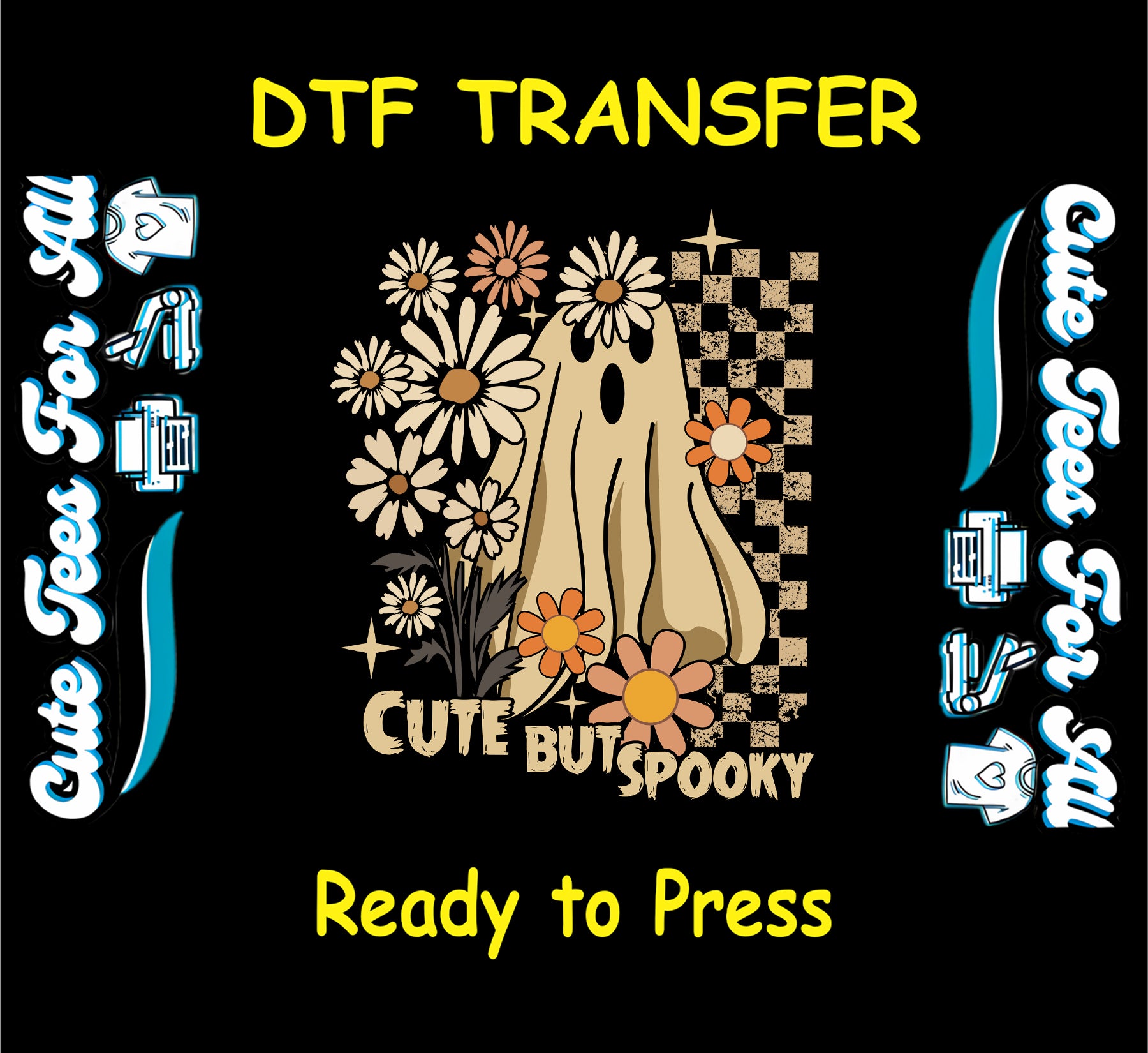 Retro Halloween ghost with daisies and checkerboard background, cute but spooky, ready to press dtf transfer for DIY shirts

