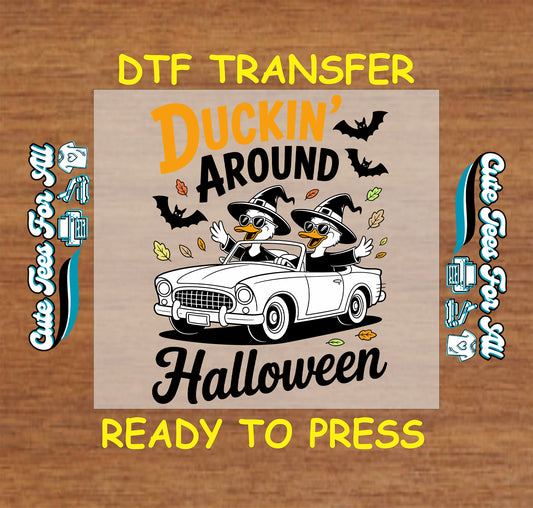 Halloween ducks in witch hats driving convertible with bats and autumn leaves, ready to press dtf transfer for DIY shirts

