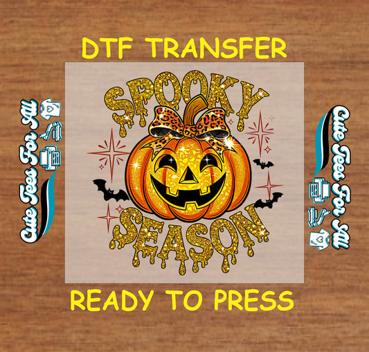Glitter jack o’lantern with leopard bow, spooky season text, bats, and stars, ready to press dtf transfer for DIY shirts

