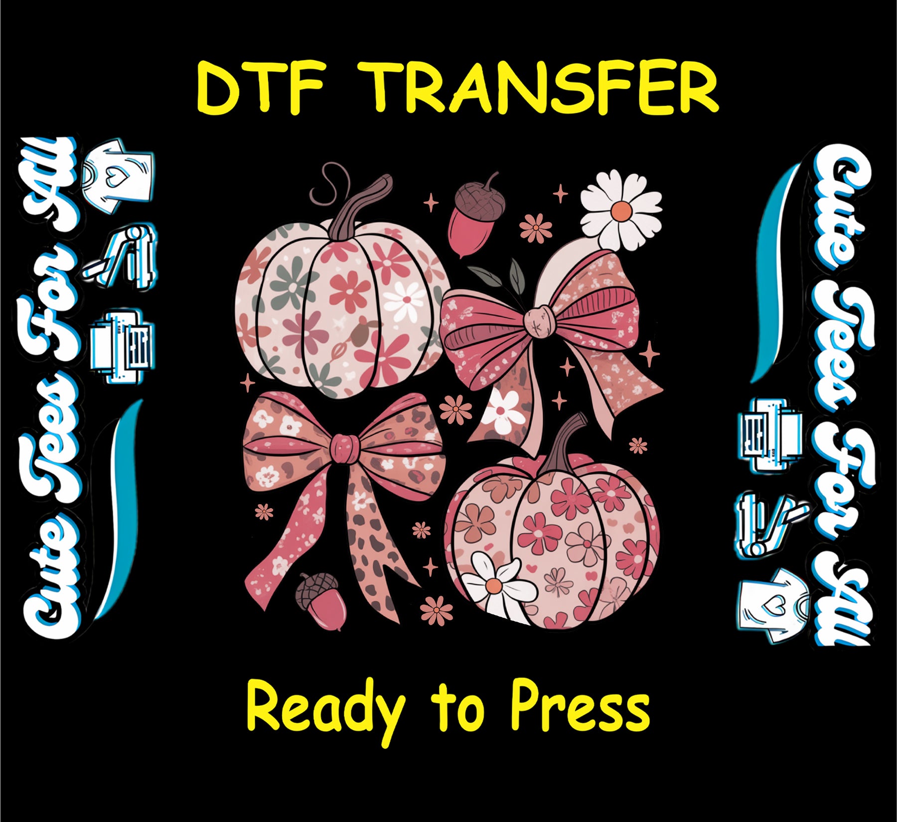 Fall floral pumpkins with bows, acorns, and daisies, ready to press dtf transfer for DIY shirts

