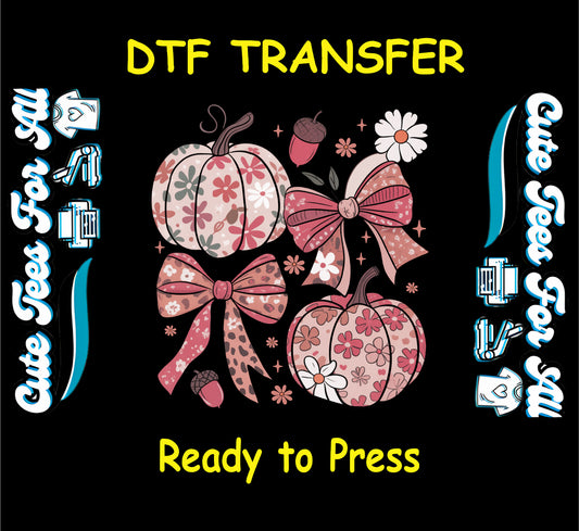 Fall floral pumpkins with bows, acorns, and daisies, ready to press dtf transfer for DIY shirts

