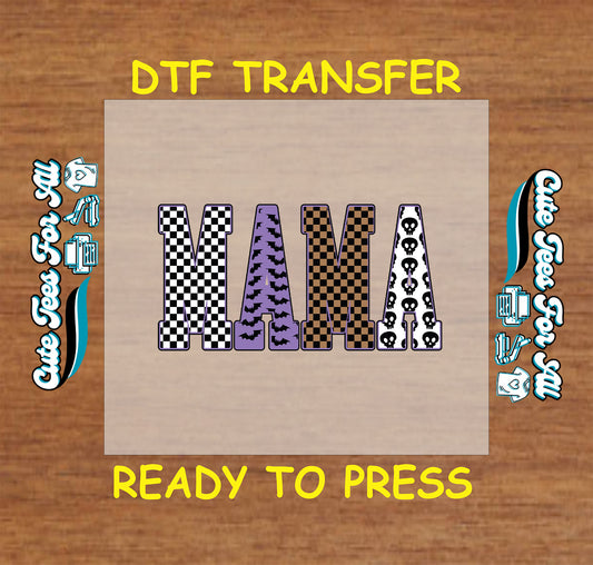 Halloween mama lettering with checkerboard, bats, and skull patterns, ready to press dtf transfer for DIY shirts

