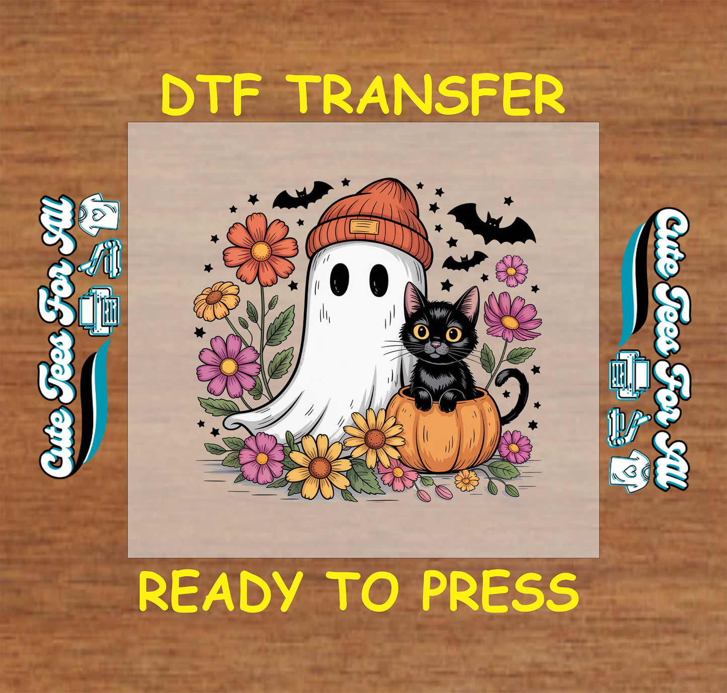 ready to press dtf transfer with ghost in orange hat, black cat in pumpkin, fall flowers, and bats for Halloween DIY shirts

