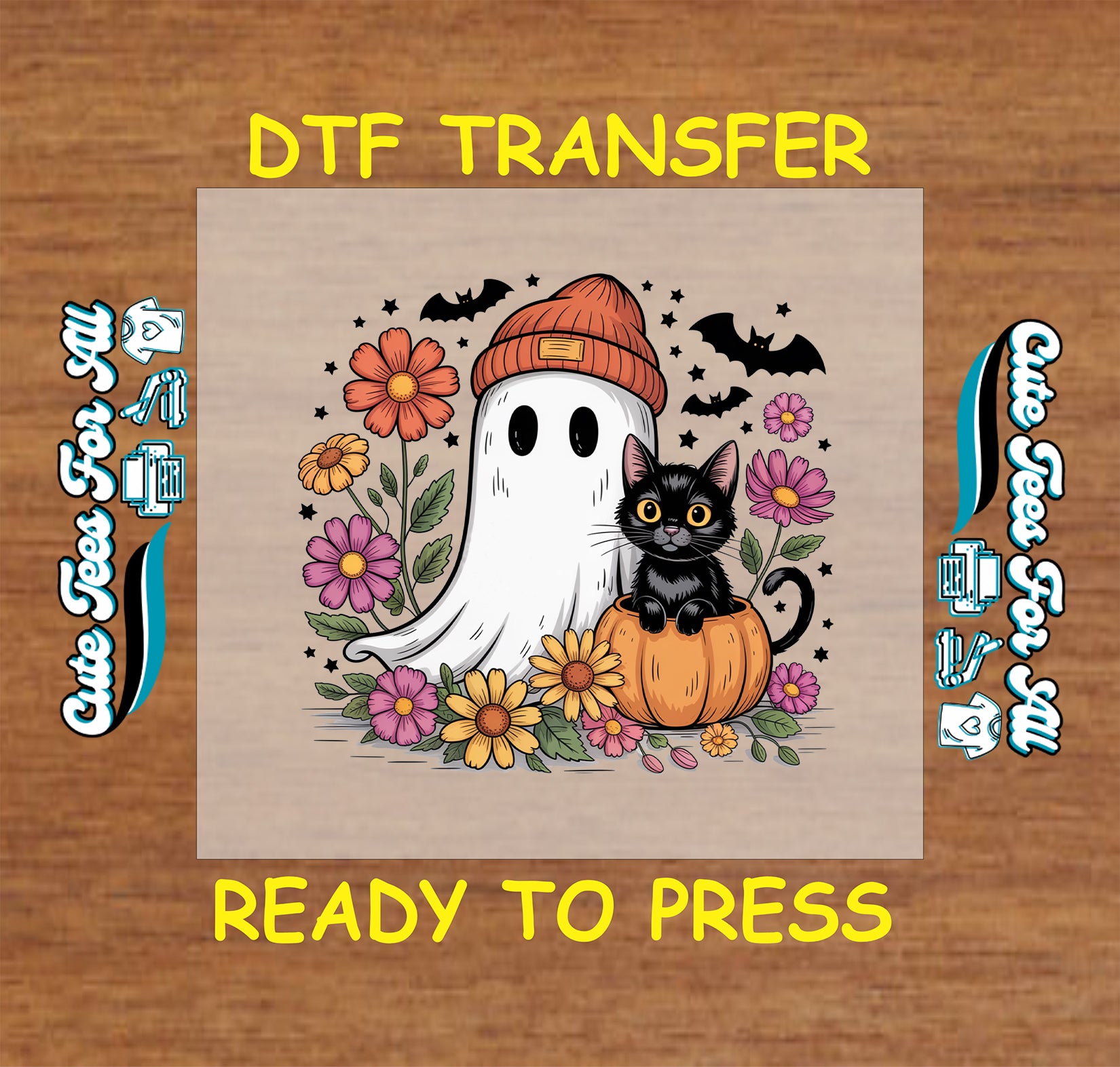 ready to press dtf transfer with ghost in orange hat, black cat in pumpkin, fall flowers, and bats for Halloween DIY shirts

