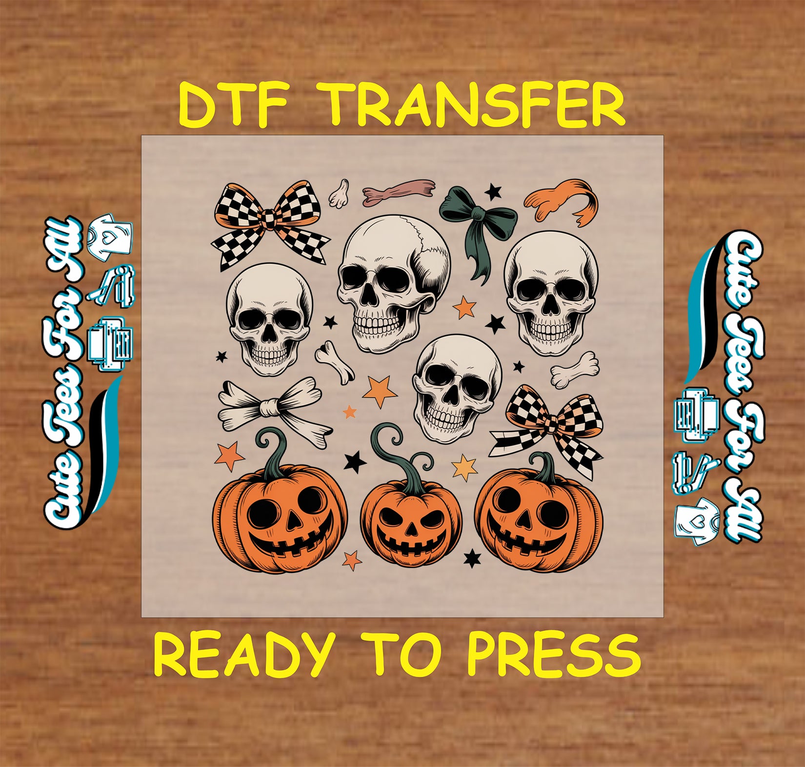 ready to press dtf transfer with skulls, pumpkins, bows, bones, and stars for Halloween DIY shirts

