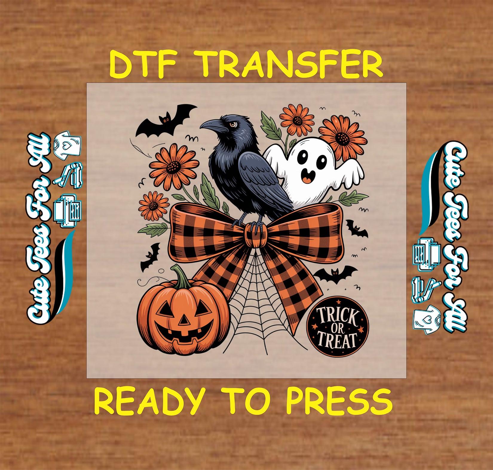 ready to press dtf transfer with crow, ghost, pumpkin, plaid bow, spiderweb, flowers, bats, and “Trick or Treat” for Halloween DIY shirts

