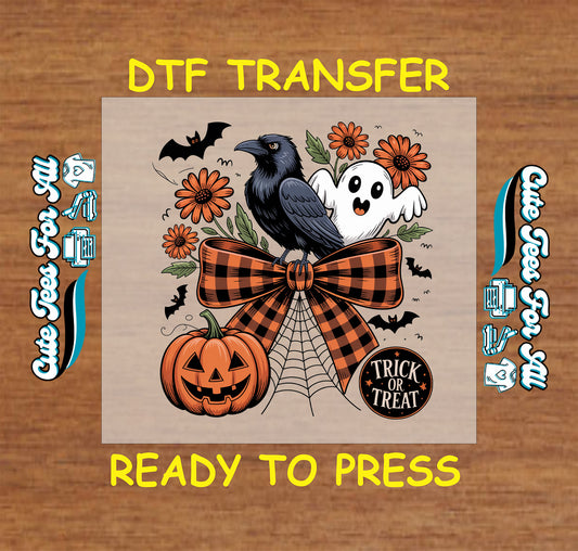 ready to press dtf transfer with crow, ghost, pumpkin, plaid bow, spiderweb, flowers, bats, and “Trick or Treat” for Halloween DIY shirts

