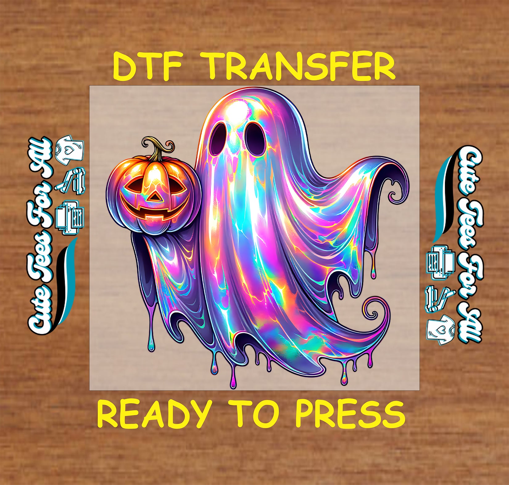 ready to press dtf transfer with holographic ghost holding pumpkin for Halloween DIY shirts

