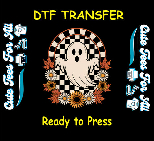 ready to press dtf transfer with ghost, sunflowers, and checkered background for Halloween DIY shirts

