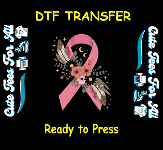 This ready to press dtf transfer features a pink awareness ribbon accented with feathers, coral and gold flowers, greenery, golden stars, and a crescent moon. Perfect for making supportive apparel for awareness events, fundraisers, or personal causes.

Ideal for Etsy Sellers, T-shirt Bar Entrepreneurs, or any custom T-shirt small business. Your custom apparel is ready to be sold in 10 seconds—just press with a heat press onto your desired garment. No color or material limitations!