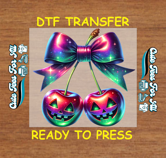 ready to press dtf transfer with holographic jack o’ lantern cherries and bow for Halloween DIY shirts


