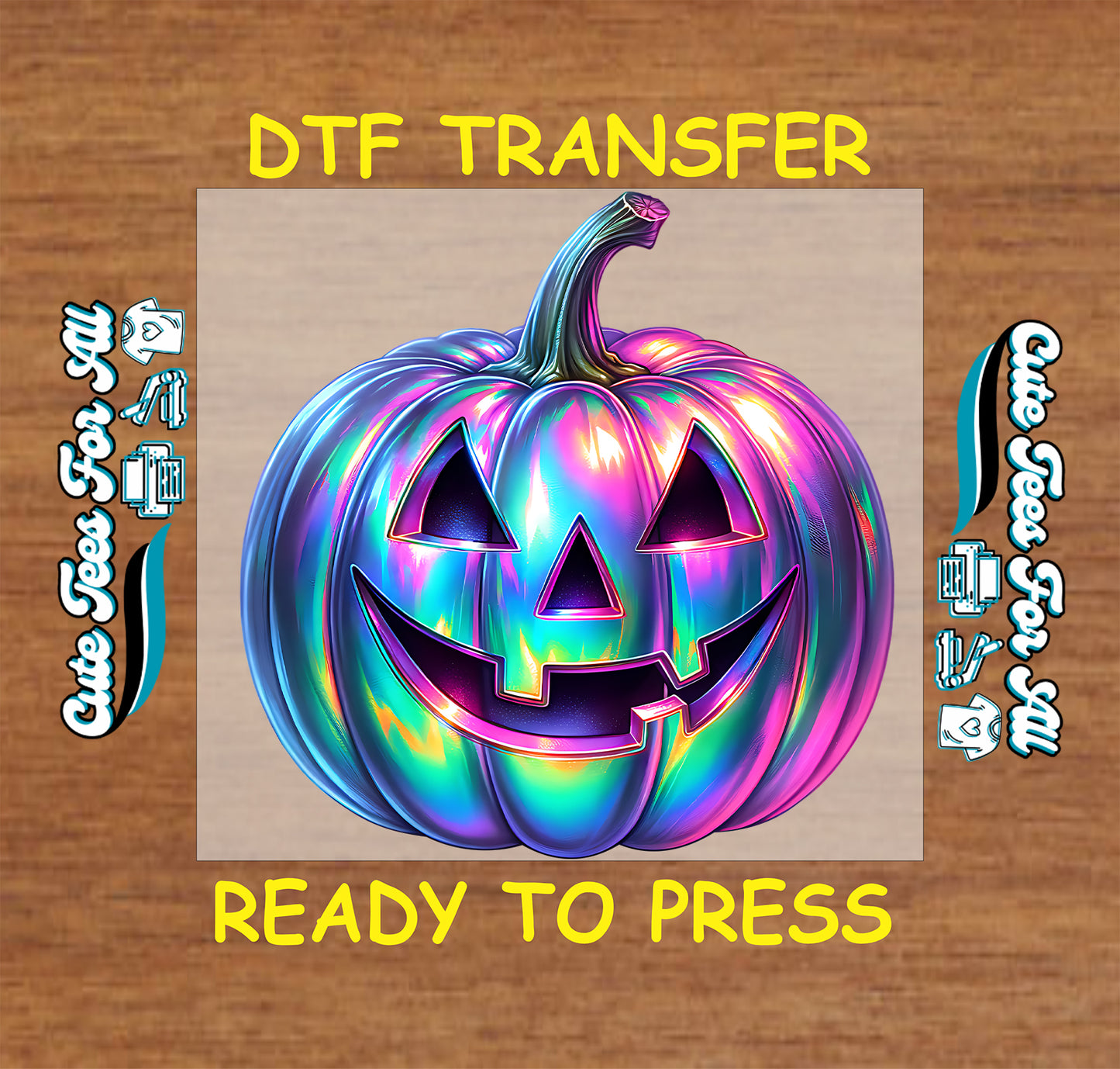 ready to press dtf transfer with holographic jack o’ lantern pumpkin for Halloween DIY shirts

