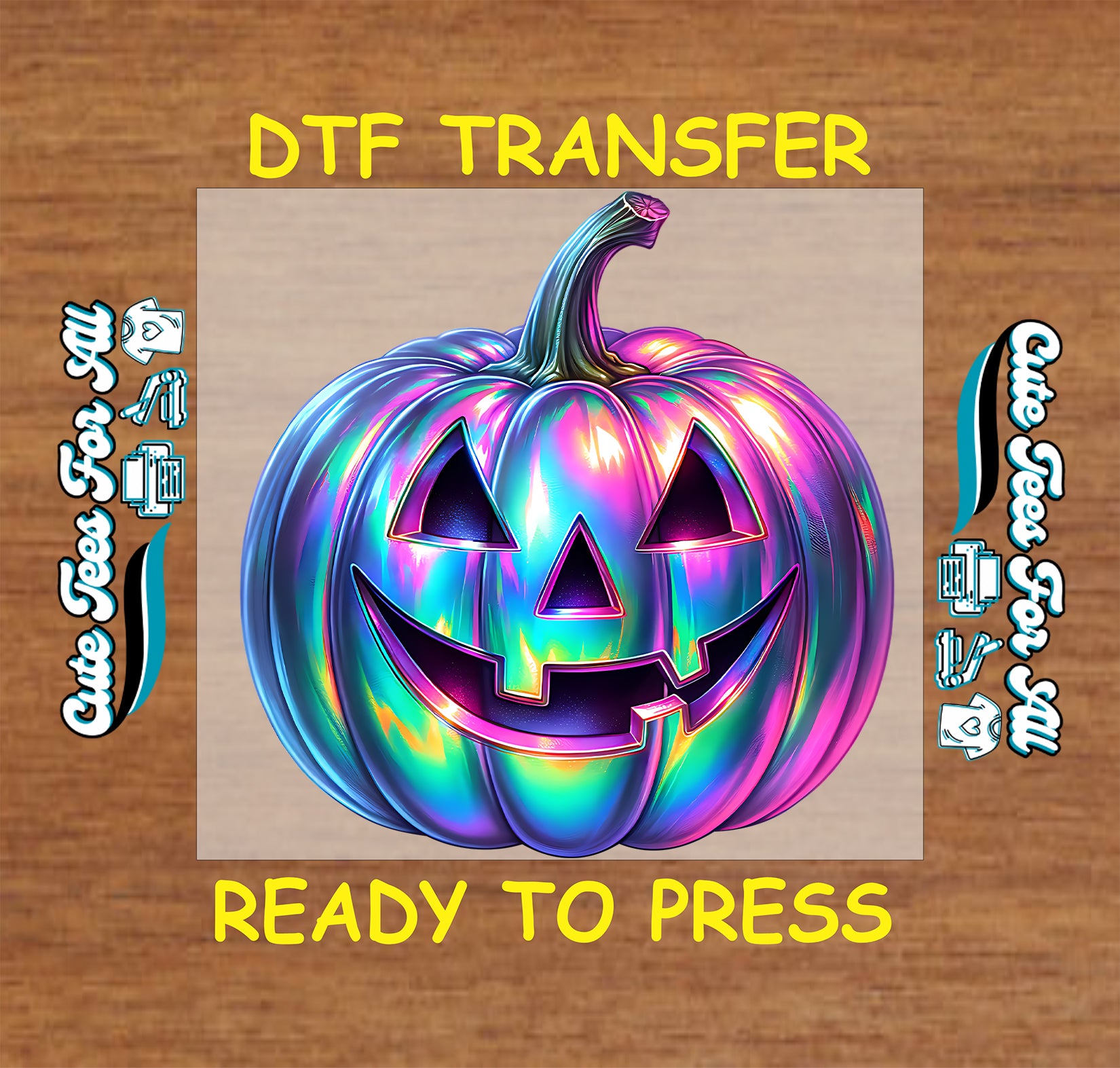 ready to press dtf transfer with holographic jack o’ lantern pumpkin for Halloween DIY shirts

