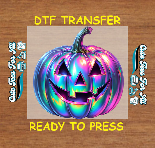 ready to press dtf transfer with holographic jack o’ lantern pumpkin for Halloween DIY shirts

