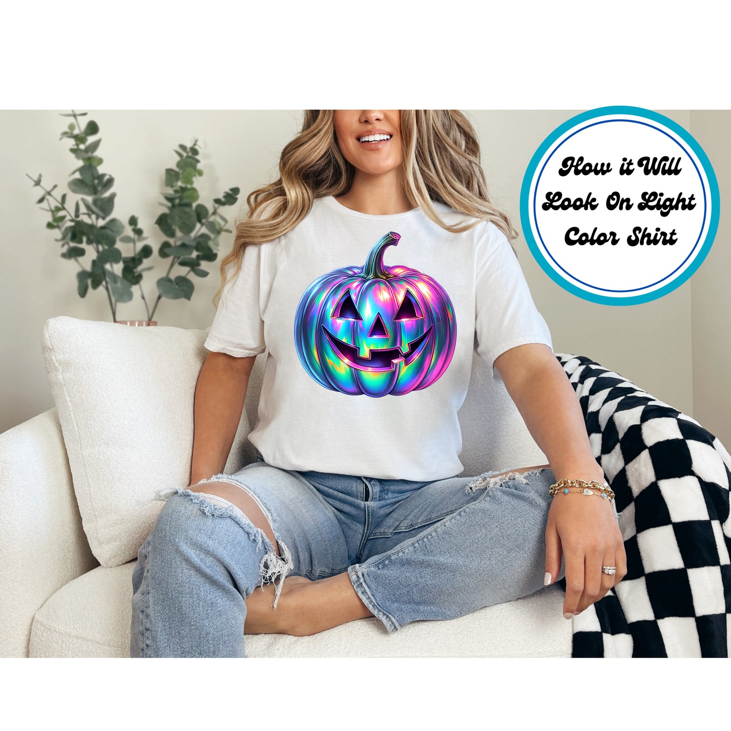 Halloween DTF Transfer – Holographic Jack O’ Lantern Pumpkin Ready to Press Iron on Heat Transfer DIY Shirts 11167