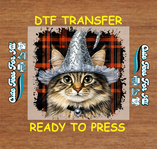 ready to press dtf transfer with cat in silver witch hat and plaid background for Halloween DIY shirts

