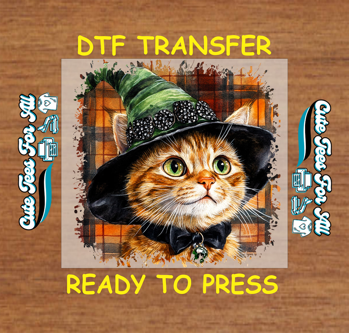 ready to press dtf transfer with orange tabby cat in green witch hat and plaid background for Halloween DIY shirts

