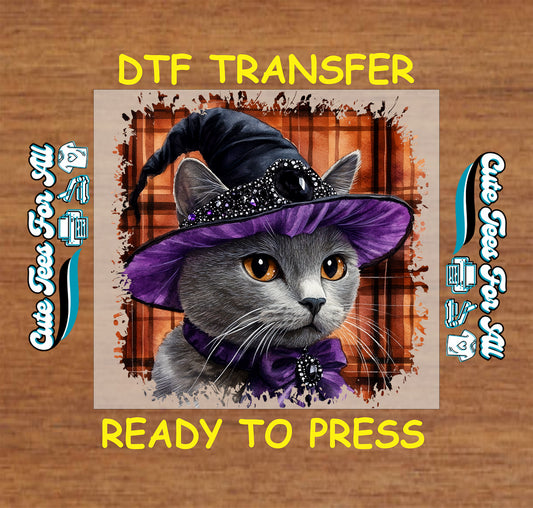 ready to press dtf transfer with gray cat in purple witch hat and plaid background for Halloween DIY shirts

