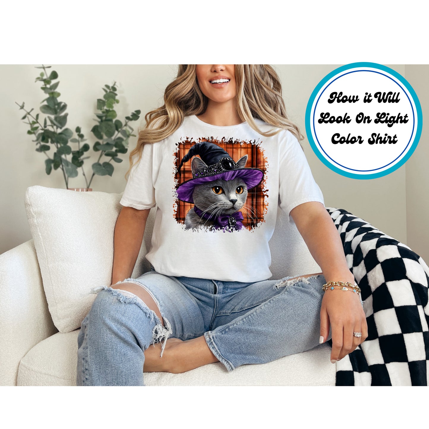 Halloween DTF Transfer – Gray Cat with Purple Witch Hat and Plaid Background Ready to Press Iron on Heat Transfer DIY Shirts 11170