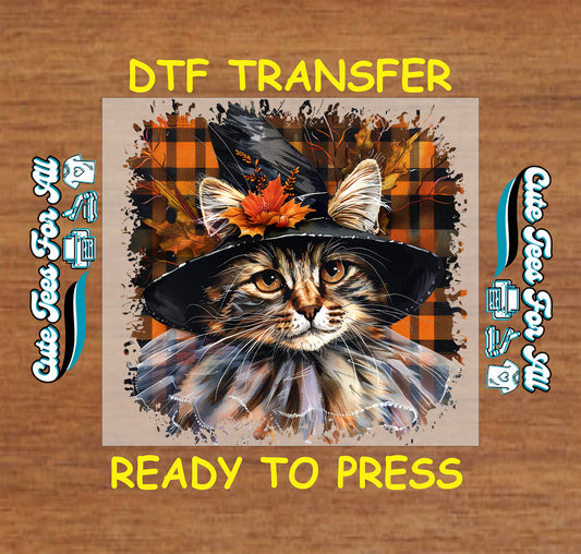ready to press dtf transfer with cat in autumn witch hat and plaid background for Halloween DIY shirts

