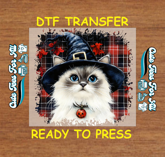 ready to press dtf transfer with white cat in black witch hat and plaid background for Halloween DIY shirts

