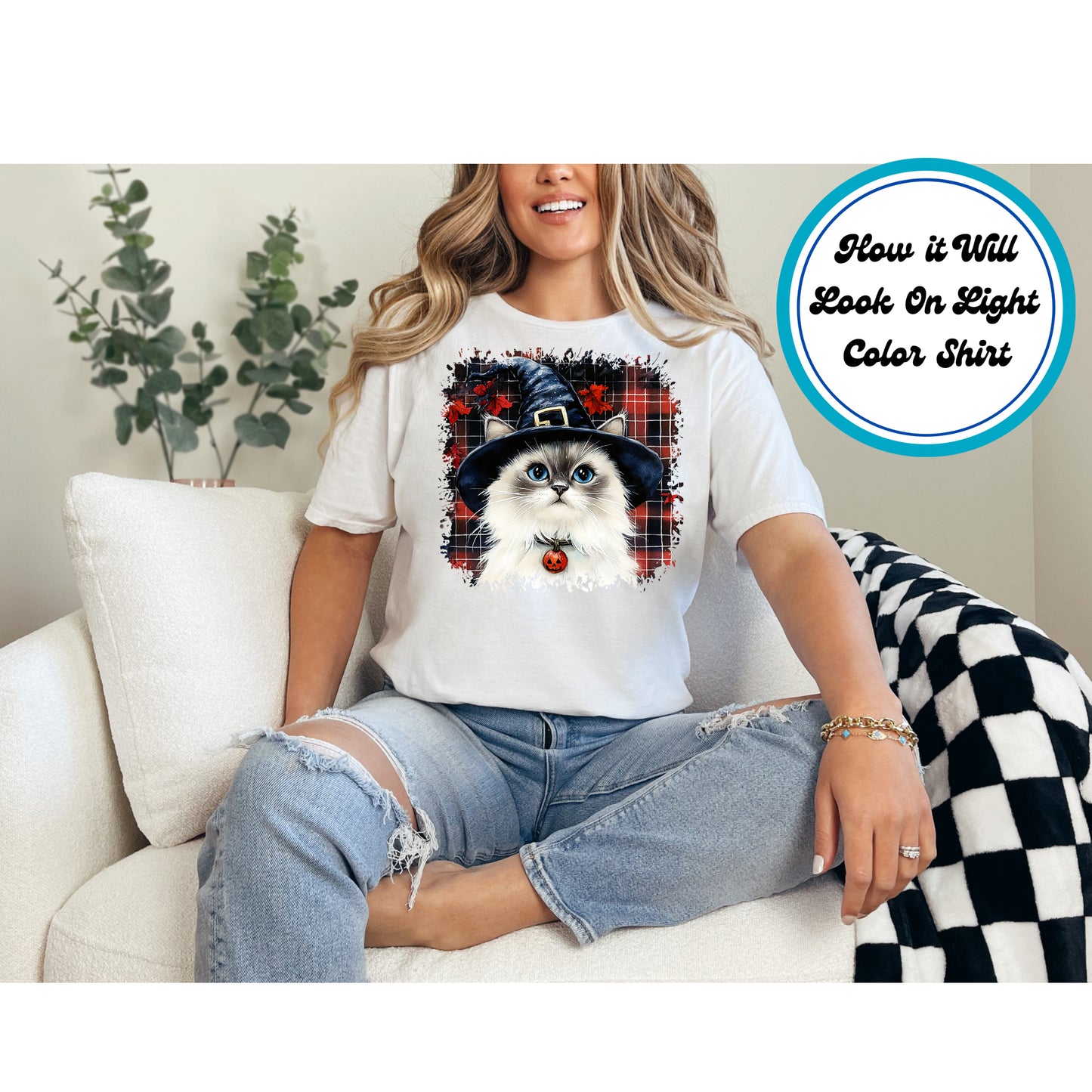 Halloween DTF Transfer – White Cat with Black Witch Hat and Plaid Background Ready to Press Iron on Heat Transfer DIY Shirts 11174