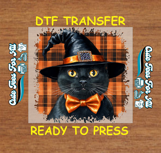 ready to press dtf transfer with black cat in orange witch hat and plaid background for Halloween DIY shirts

