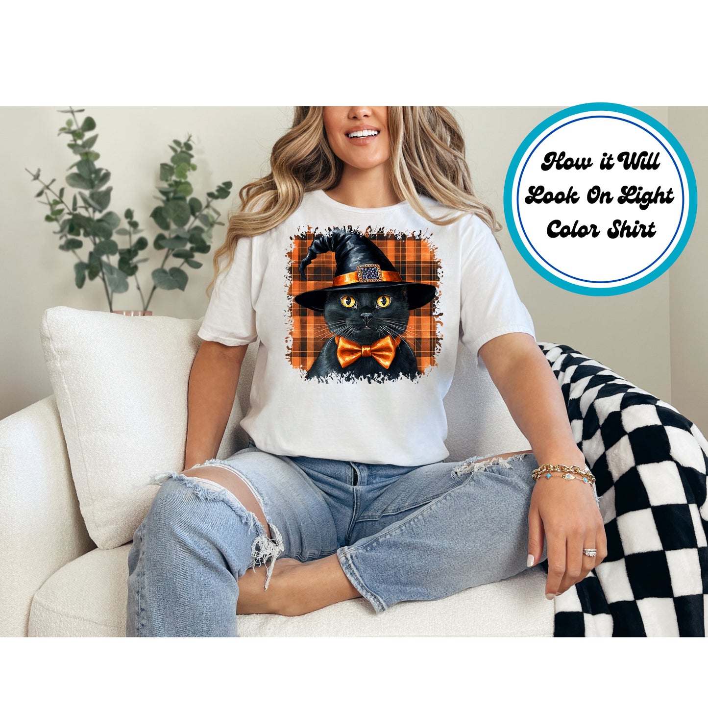 Halloween DTF Transfer – Black Cat with Orange Witch Hat and Plaid Background Ready to Press Iron on Heat Transfer DIY Shirts 11175