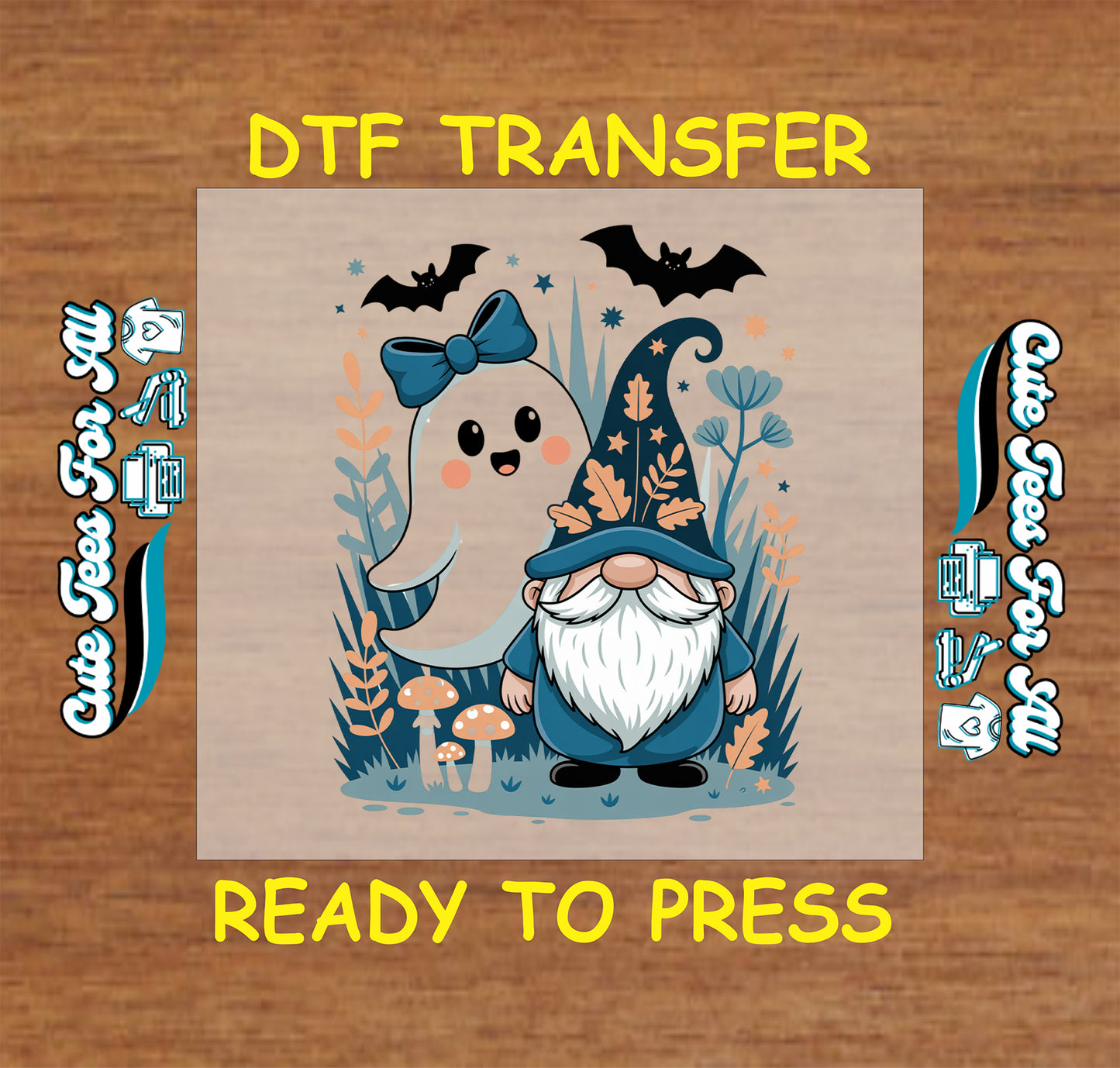 ready to press dtf transfer with cute ghost in bow and gnome in autumn forest for Halloween DIY shirts

