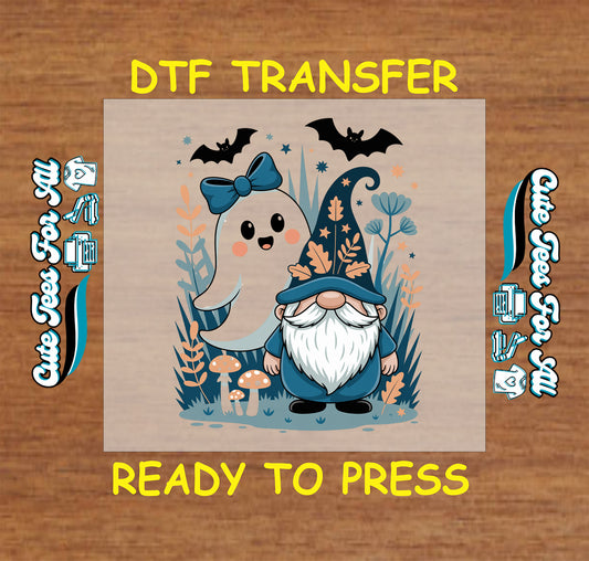 ready to press dtf transfer with cute ghost in bow and gnome in autumn forest for Halloween DIY shirts

