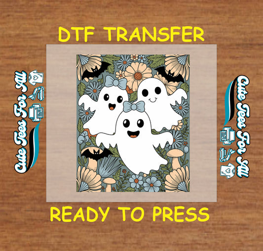 ready to press dtf transfer with three ghosts, bows, floral background, mushrooms, and bats for Halloween DIY shirts

