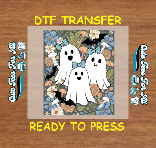 ready to press dtf transfer with three ghosts, blue bows, floral and mushroom background, and bats for Halloween DIY shirts

