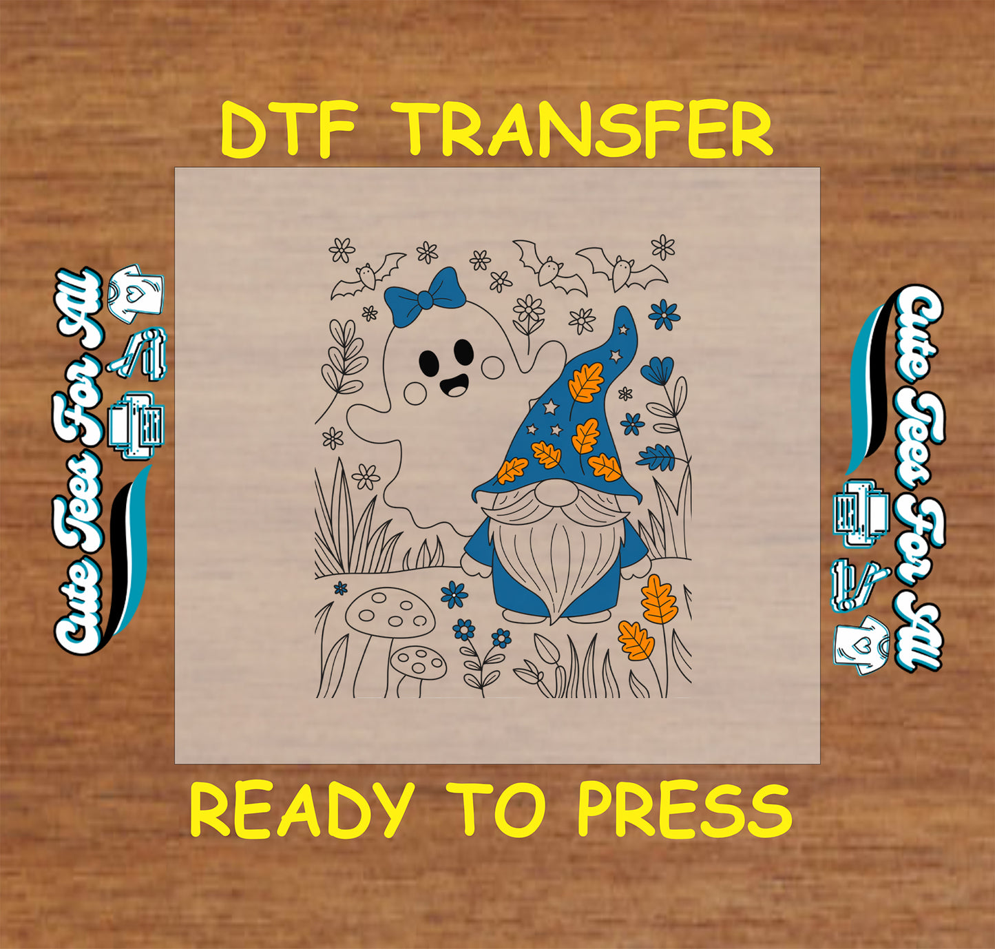 ready to press dtf transfer with ghost in bow and gnome in floral autumn scene with mushrooms and bats for Halloween DIY shirts

