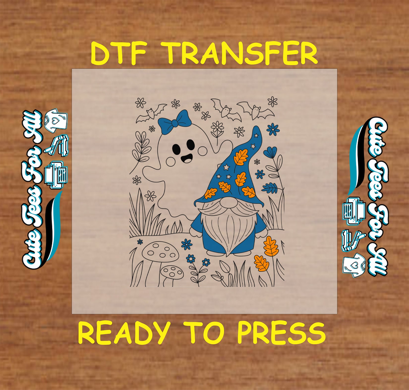 ready to press dtf transfer with ghost in bow and gnome in floral autumn scene with mushrooms and bats for Halloween DIY shirts

