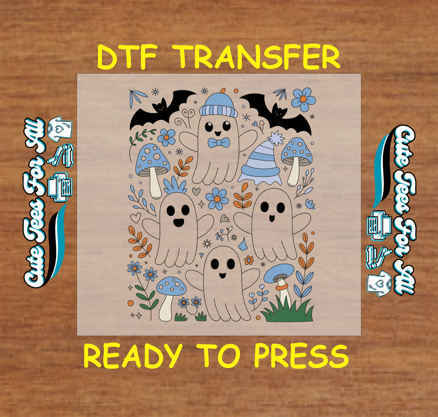 ready to press dtf transfer with five ghosts, hats, bows, flowers, mushrooms, and bats for Halloween DIY shirts

